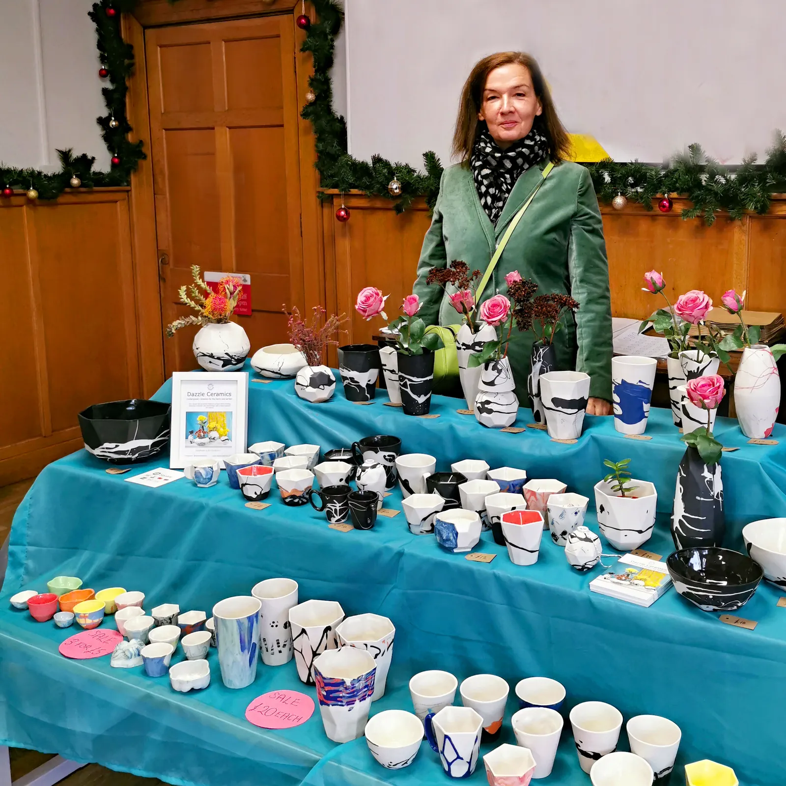 Joanna Austin at a Christmas fair with Dazzle Ceramics pieces