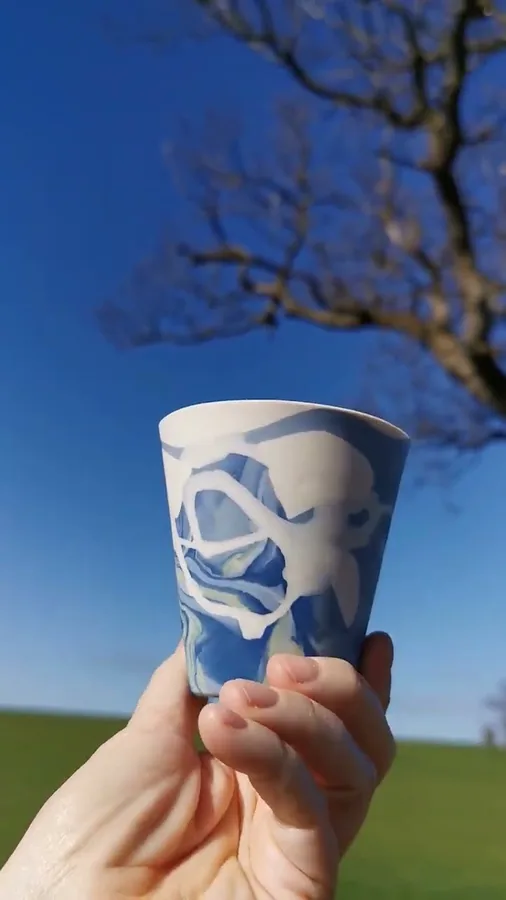 Video of a blue and white ceramic cup held up against the sky