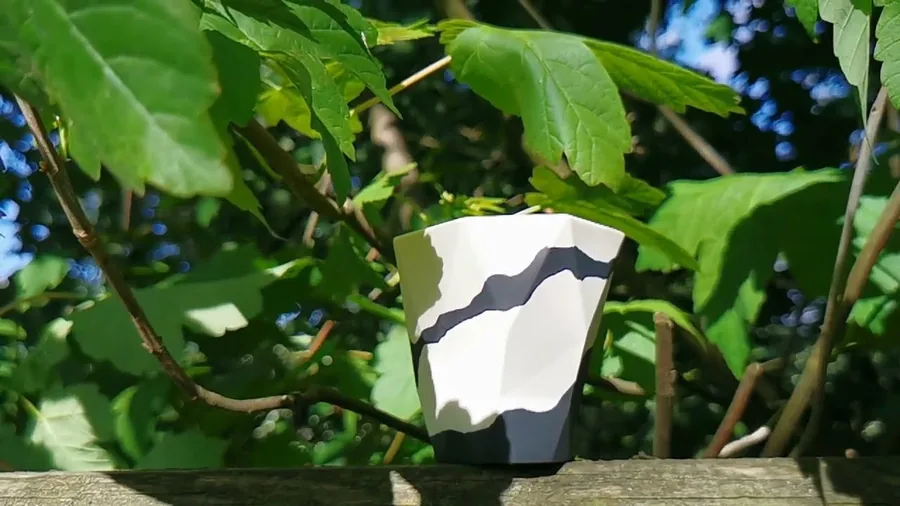 Video of a faceted porcelain vase on a branch in the leaves